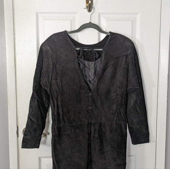 Vintage 80s Wilson's Genuine Leather Button Detail Low Back Midi Dress Size M - Picture 5 of 10